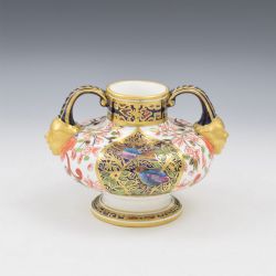 BEAUTIFUL VICTORIAN ROYAL CROWN DERBY PORCELAIN TWIN HANDLED MASK VASE C1880