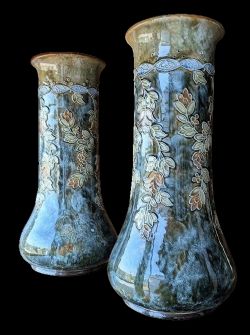 A PAIR OF ART NOUVEAU ROYAL DOULTON LAMBETH STONEWARE VASES