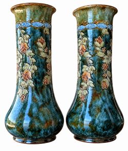A PAIR OF ART NOUVEAU ROYAL DOULTON LAMBETH STONEWARE VASES