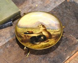 VICTORIAN PAPIER MACHE AND ORMOLU COMPORT DECORATED WITH DOGS