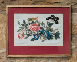 ANTIQUE WATERCOLOUR PAINTING BUTTERFLIES BLOSSOM