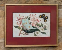 ANTIQUE WATERCOLOUR PAINTING BUTTERFLIES BLOSSOM