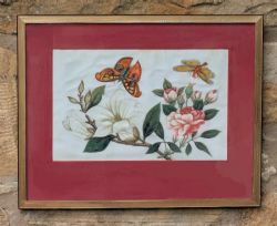 ANTIQUE WATERCOLOUR PAINTING BUTTERFLIES BLOSSOM