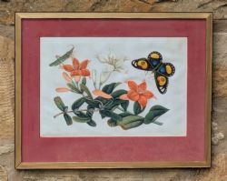 ANTIQUE WATERCOLOUR PAINTING BUTTERFLIES BLOSSOM