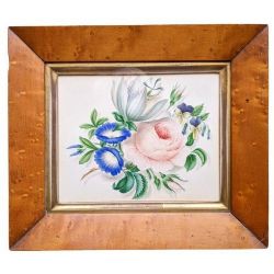 PRETTY ANTIQUE WATERCOLOUR ROSE BLOSSOM IN MAPLE FRAME