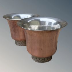ANTIQUE PAIR TIBETAN COPPER SILVER DRINKING VESSELS