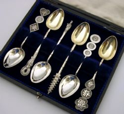 SUPERB SET OF SIX CHINESE EXPORT SOLID SILVER SPOONS C1920 ANTIQUE CASED