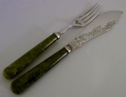 SCOTTISH PROVINCIAL OBAN SILVER PLATE GREEN MARBLE CUTLERY C1910 ANTIQUE CELTIC