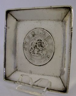 RARE CHINESE EXPORT STERLING SILVER ONE YEN JAPANESE COIN DISH ANTIQUE C1910