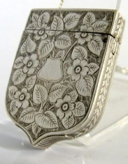RARE VICTORIAN STERLING SILVER SHIELD VESTA MATCH CASE 1884 ANTIQUE