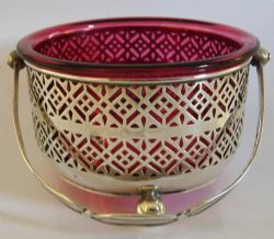 ENGLISH STERLING SILVER CRANBERRY GLASS SWING HANDLED BASKET 1909 ANTIQUE