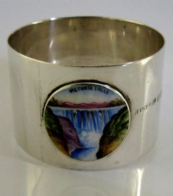 ENGLISH 1914 ANTIQUE STERLING SILVER ENAMEL VICTORIA FALLS NAPKIN RING
