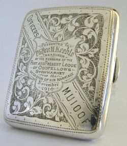 ENGLISH ANTIQUE STERLING SILVER ODDFELLOWS STOWMARKET CIGARETTE CASE 1910 79G