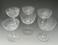 A CHARMING HARLEQUIN SET OF 6 ANTIQUE CHAMPAGNE GLASSES