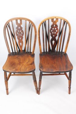 NEAR PAIR ANTIQUE ELM WINDSOR KITCHEN CHAIRS