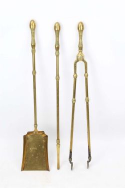 VICTORIAN AESTHETIC MOVEMENT ENGRAVED BRASS FIRE TOOLS