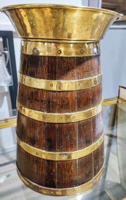 ANTIQUE OAK AND BRASS STICK UMBRELLA STAND