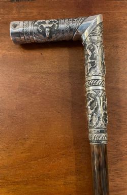INTERESTING ASIAN SILVER BAMBOO WALKING STICK CANE C1900