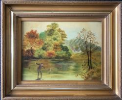 EDWARDIAN ANTIQUE TROUT FISHING LANDSCAPE OIL PAINTING SIGNED ORIGINAL C1908