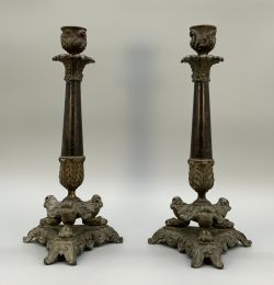 PAIR FRENCH EMPIRE CANDLESTICK HOLDERS 19THCENTURY ANTIQUE CAST METAL