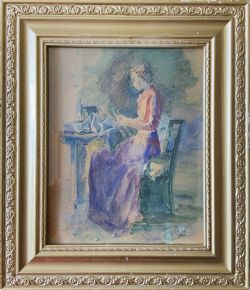 THE SEAMSTRESS WATERCOLOUR PORTRAIT PAINTING 1950 MIDCENTURY IMPRESSIONIST
