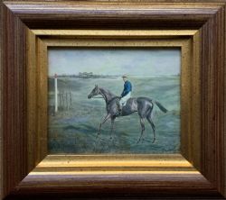 PAIR ANTIQUE MINIATURE HORSE RACING SPORTING PRINTS GILT FRAMES CIRCA 1950