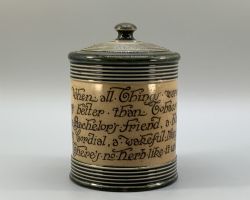 ANTIQUE ROYAL DOULTON STONEWARE TOBACCO JAR COVER MOTTO INSCRIPTION
