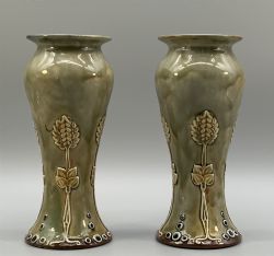 BEAUTIFUL MATCHED PAIR ROYAL DOULTON LAMBETH ART NOUVEAU STONEWARE VASES