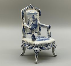 DUTCH DELFT BLUE WHITE MINIATURE PORCELAIN ARMCHAIR CHAIR LATE 19THCENTURY