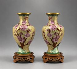 PAIR EARLY 20THCENTURY CHINESE CLOISONN ENAMEL PRUNUS BIRD VASES