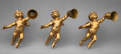 TRIO OF GILT METAL ORMOLU STYLE WINGED CHERUB PUTTI WALL LIGHTS ROCOCO REVIVAL