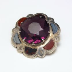 ANTIQUE SCOTTISH CELTIC SHIELD SILVER GEMSTONE BROOCH C1900