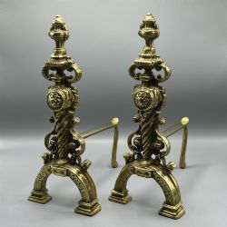 LARGE VICTORIAN SOLID BRASS FIRE DOGS ANDIRONS