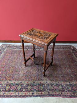 ANTIQUE ARTS CRAFTS MAHOGANY CARVED MONOGRAMMED SIDE TABLE