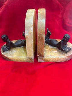 ART DECO ALABASTER AND METAL BOOK ENDS