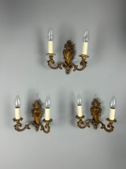 SET OF 3 FRENCH GILDED BRASS ROCOCO ANTIQUE WALL LIGHTS