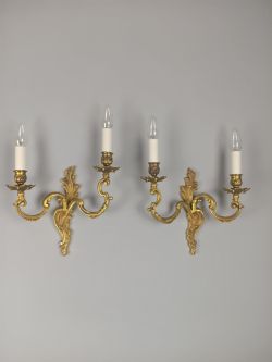 PAIR OF FRENCH ANTIQUE TWIN ARM ROCOCO GILDED BRONZE WALL LIGHTS