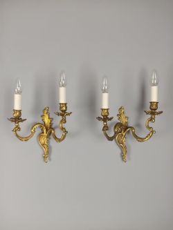 PAIR OF FRENCH ANTIQUE TWIN ARM ROCOCO GILDED BRONZE WALL LIGHTS