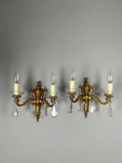 PAIR OF FRENCH GILDED CRYSTAL ANTIQUE WALL LIGHTS