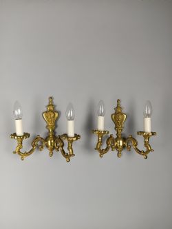 PAIR OF FRENCH ANTIQUE TWIN ARM GILDED BRASS WALL LIGHTS