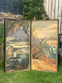 A LATE 19TH CENTURY HANDPAINTED JAPANESE DOUBLE SIDED SCREEN INCORPORATING FOUR SEPARATE CANVAS PANELS
