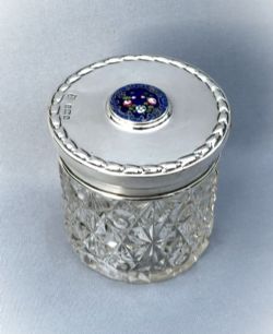 A GORGEOUS EDWARDIAN SILVER ENAMEL LIDDED TRINKET POT