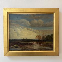 C19TH ENGLISH SCHOOL LANDSCAPE C1860 CHURCH FIGURE OIL PAINTING