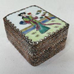 JAPANESE SILVERPLATED METAL PILL BOX WITH HANDPAINTED LID MIRROR