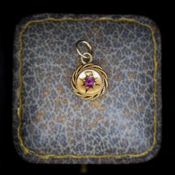 ANTIQUE RUBY STARBURST 15CT GOLD ROUND ROPE TWIST CHARM PENDANT