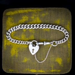 ANTIQUE GRADUATED CURB STERLING SILVER BRACELET WITH DOG CLIP AND HEART PADLOCK 7