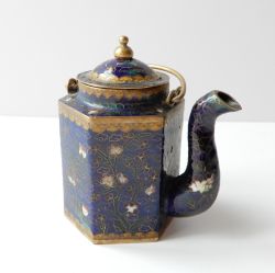 VINTAGE CHINESE CLOISONNE ENAMEL TEA POT NAVY BLUE GOLD