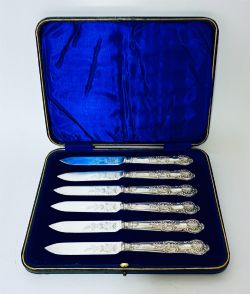 SET OF 6 ANTIQUE SILVER HANDLED FRUIT KNIFES