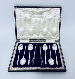 SET OF 6 ANTIQUE SILVER APOSTLE SPOONS AND TONGS