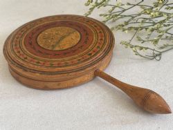 AN ANTIQUE TUNBRIDGE WARE TRAVELLING MIRROR WITH OLD LABEL